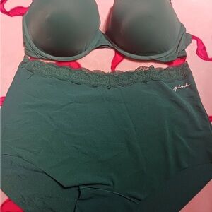 PINK Victoria's Secret Dark Green Lace Bra Set Bra 40 DD Panties xxlg Brand New